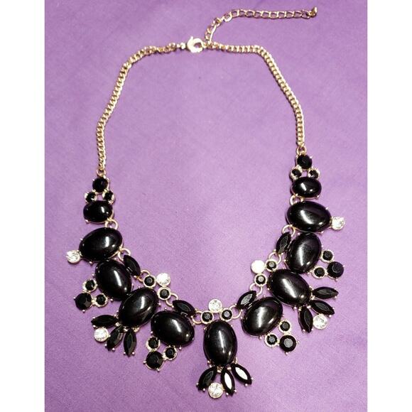 Black And Gold Tone Statement Bib Collar Necklace with glass rhinestone accents - Picture 1 of 12